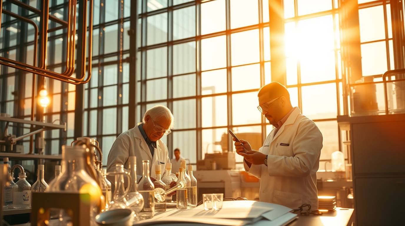 modern labor with scientists in a glass building with reflecting sunlight (4)