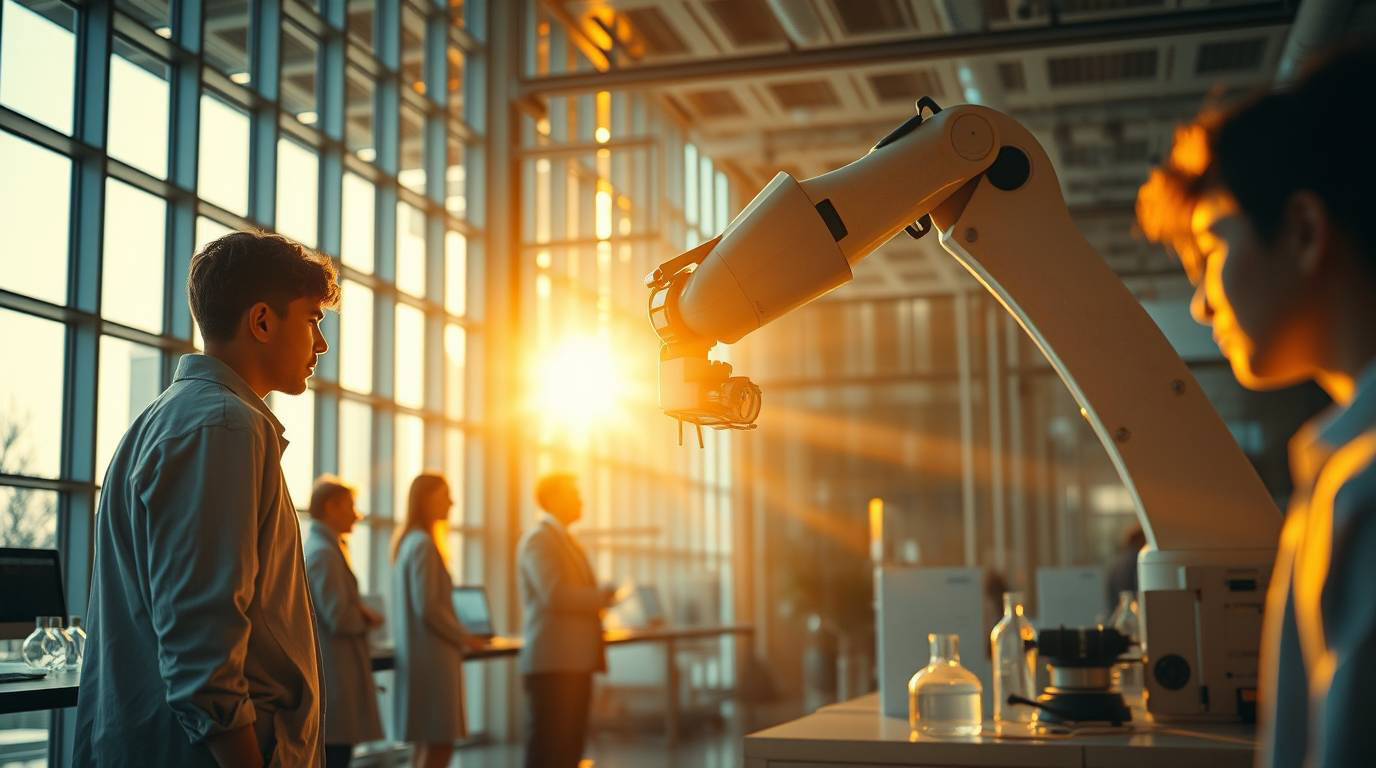 modern science showroom with students and robotic arm in a big glass building with reflecting sunlight
