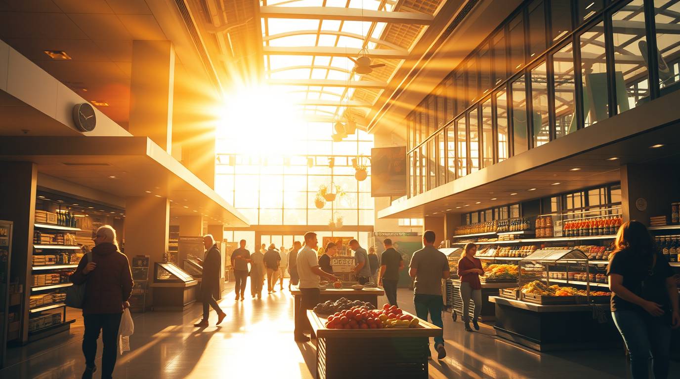 photograph of modern food shoping center with business people with reflecting sunlight (1)