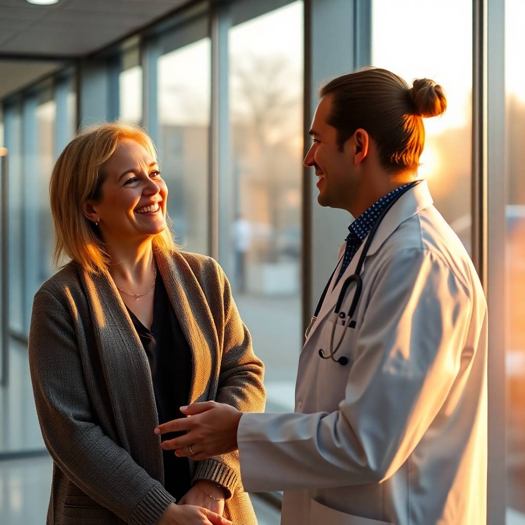 realistic concept, modern medical room doctor talking to happy patient, in a glass building