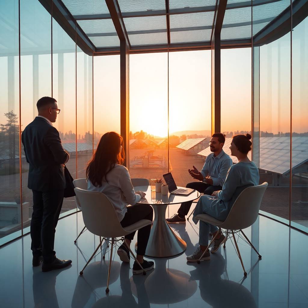 realistic concept, modern room in a glass building in a solar park, networking business people from different cultures (5)
