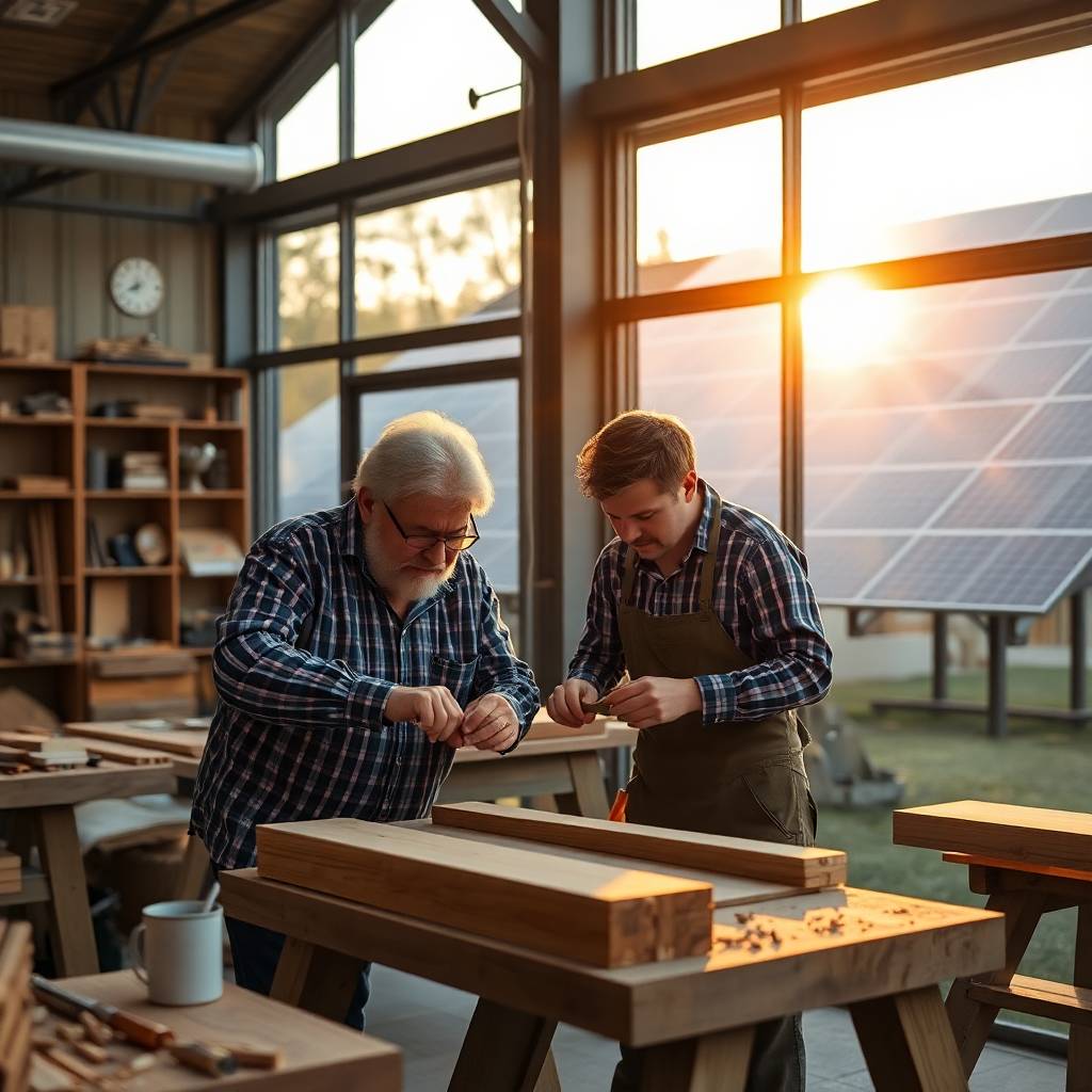 realistic concept, modern workspace room in a glass building in a solar park, a old man teaching a young man working with wood (2)