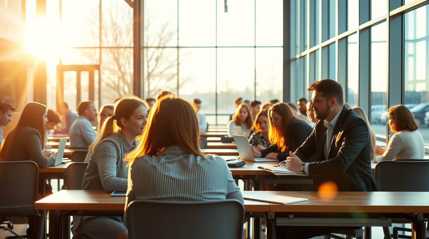 school class with adult business people in a big glass building with reflecting sunlight (1)